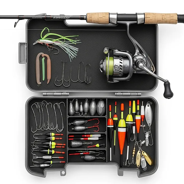 An organized layout of essential tackle box items for beginners, including hooks, sinkers, bobbers, and small lures, complementing their best rod and reel purchase.