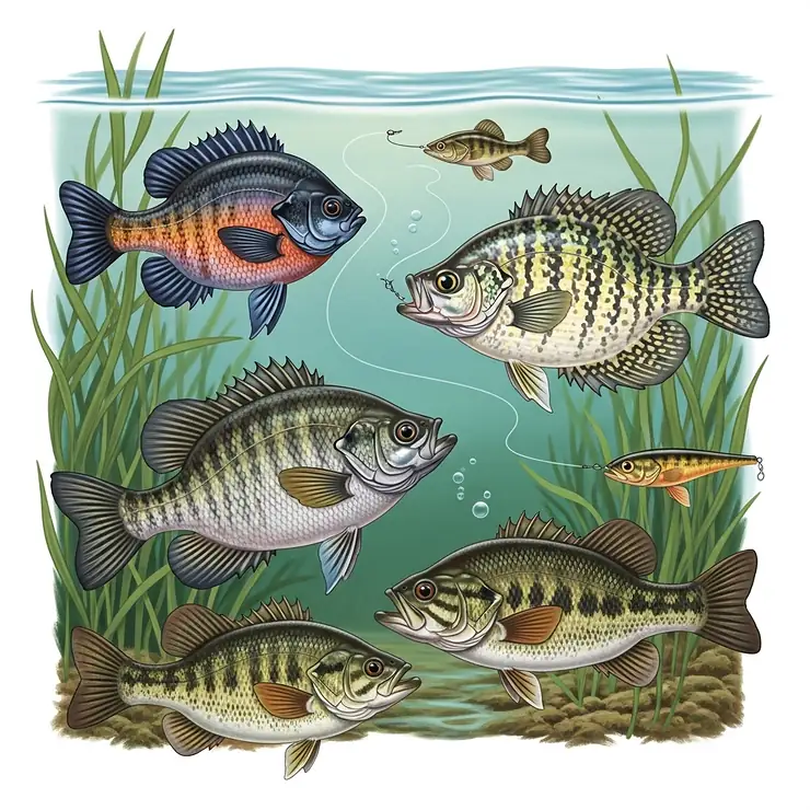 Illustrations of common freshwater fish species (e.g., bluegill, crappie, small bass) that are ideal targets for beginners learning to fish with their new rod and reel.