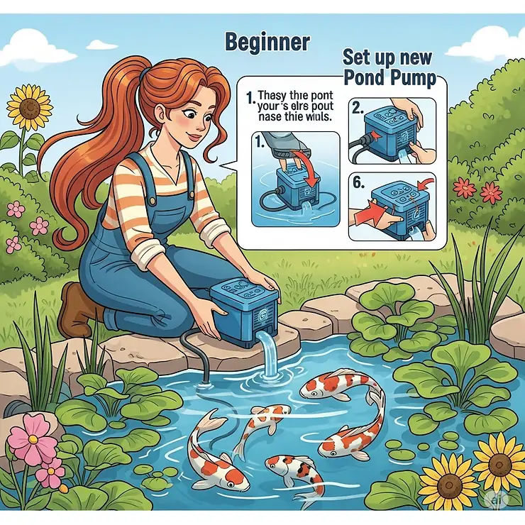 Illustration showing a person easily setting up a pond pump in a small fish pond, emphasizing user-friendliness and proper installation for fish safety.