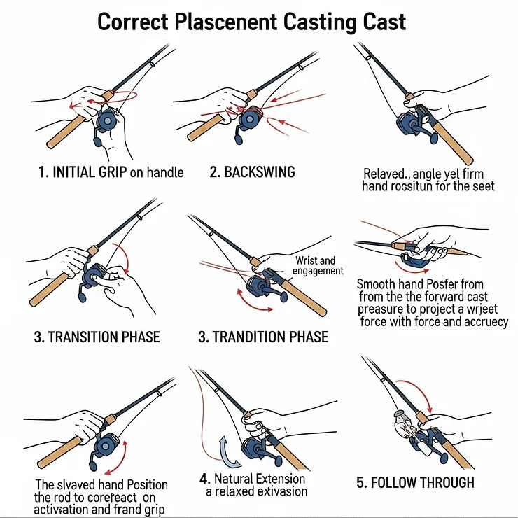 A step-by-step illustration showing the correct hand placement and grip on a fishing rod for a beginner to achieve an effective and comfortable cast.