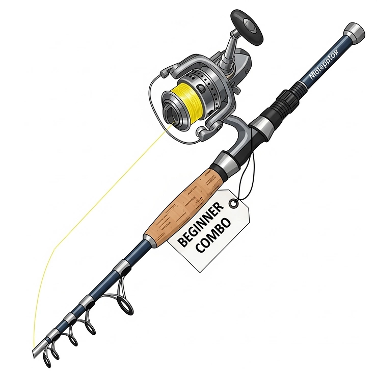 An illustration of an entry-level spinning rod and reel combo, ideal for new anglers learning the basics of fishing.