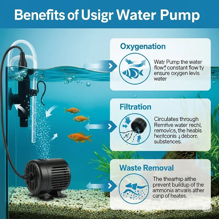Infographic outlining the key benefits of using a water pump for fish tank health, such as improved oxygenation and efficient waste removal.