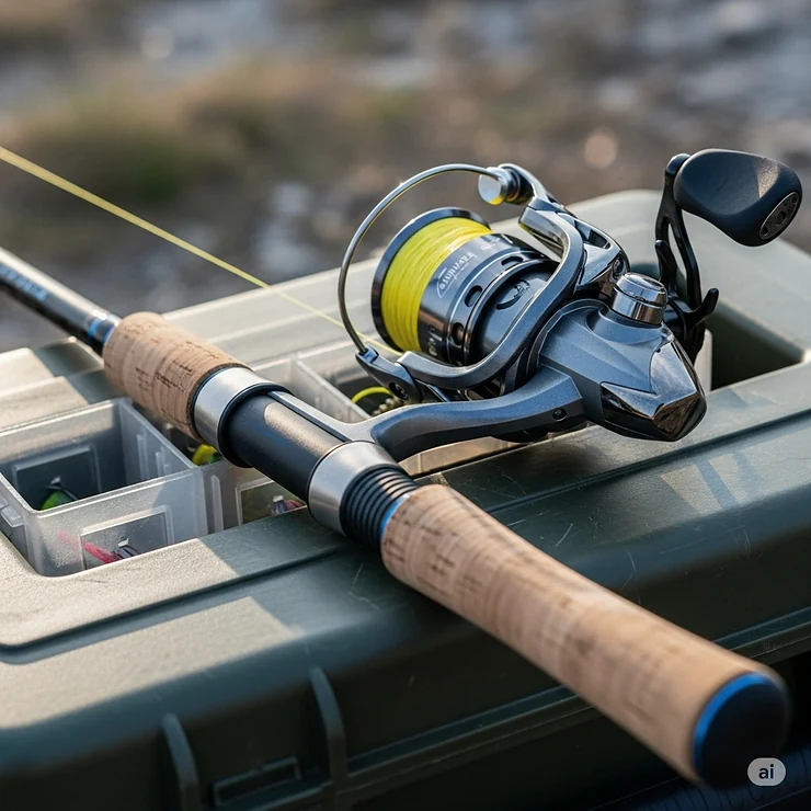 A close-up of a high-performance spinning rod combo resting on a tackle box, showcasing its comfortable grip and durable reel, ready for a day of fishing. best spinning rod combo