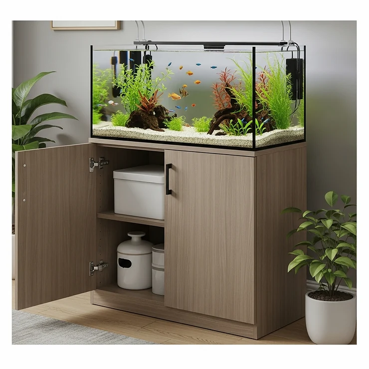 An image showcasing an affordable yet functional fish tank and cabinet combination, suitable for beginners or those on a budget, without compromising stability.