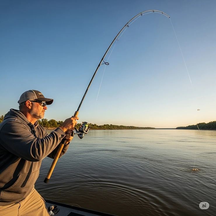 Angler demonstrating a powerful cast with a reliable catfish fishing rod combo, perfect for reaching distant catfish hotspots in a wide river.