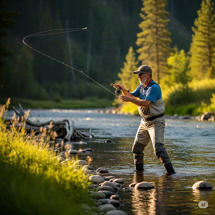 Angler demonstrating proper casting technique with a lightweight trout fishing rod and reel on a serene river.