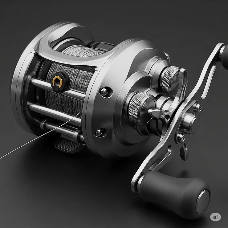Detailed view of a heavy-duty baitcasting reel, an essential component of a robust catfish fishing rod combo, showcasing its strong line capacity and smooth drag.