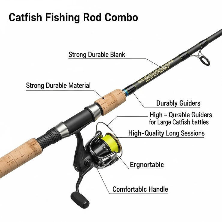 Diagram illustrating the key components of a specialized catfish fishing rod, highlighting features like the strong blank, durable guides, and comfortable handle, all contributing to an effective catfish fishing rod combo.