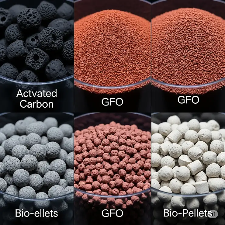 Visual representation of various chemical filtration media such as activated carbon, GFO (granular ferric oxide), and bio-pellets, used to remove dissolved impurities in marine aquariums.