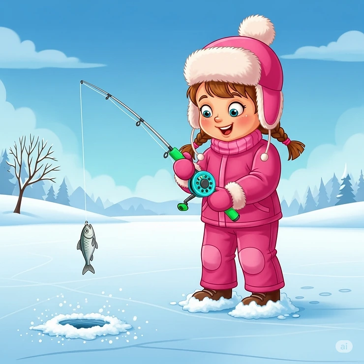 Illustration of a child successfully using a short, lightweight ice fishing rod and reel, ideal for beginners and younger anglers.