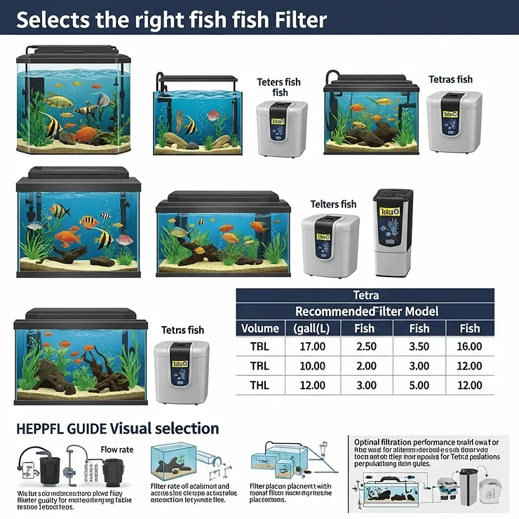 A visual guide helping users select the appropriate size Tetra fish filter based on aquarium volume and the number of fish, ensuring optimal filtration performance.