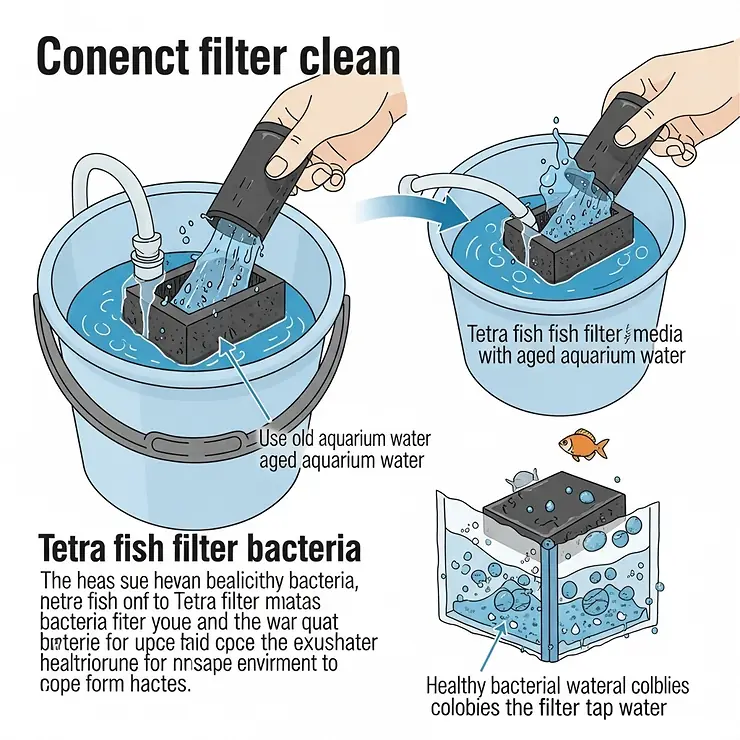 An illustration demonstrating the correct way to clean and maintain Tetra fish filter media, emphasizing the importance of preserving beneficial bacteria.