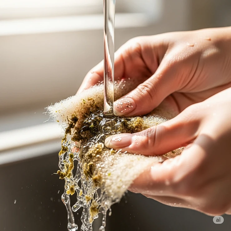 A persons hands gently rinsing dirty fish tank filter floss under running water, showing the debris being washed away.