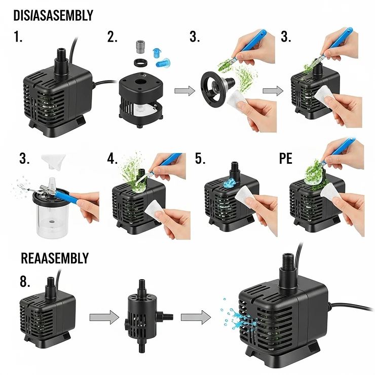 Step-by-step guide on how to properly clean and maintain a water pump for a fish tank, ensuring longevity and efficient operation.