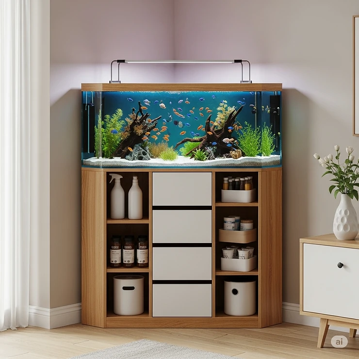 A space-saving corner fish tank cabinet, designed to fit snugly into room corners, maximizing space while displaying an attractive aquarium.