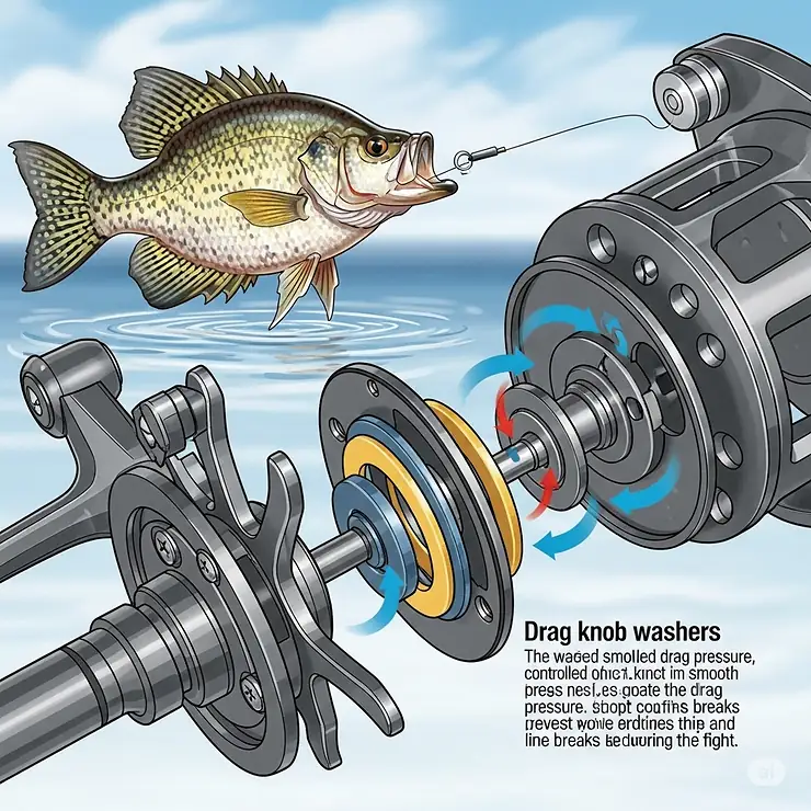 Close-up illustration of a crappie fishing reel's drag system, emphasizing its importance for fighting fish effectively.