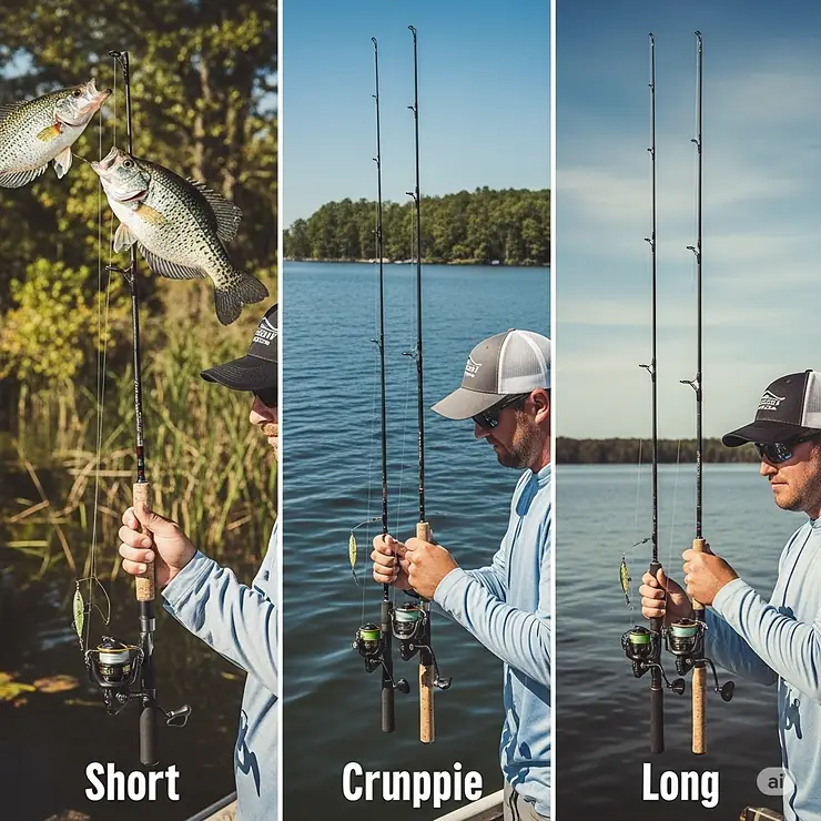 Visual comparison of different crappie fishing rod lengths, from short to long, suitable for various fishing scenarios.