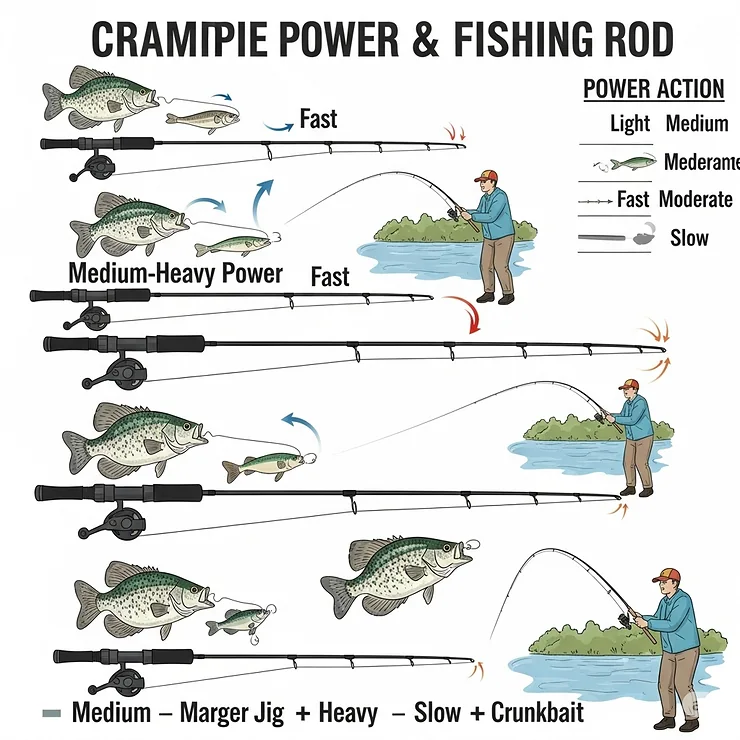 Illustration comparing different crappie fishing rod power and action ratings, helping anglers choose the right rod for their style.