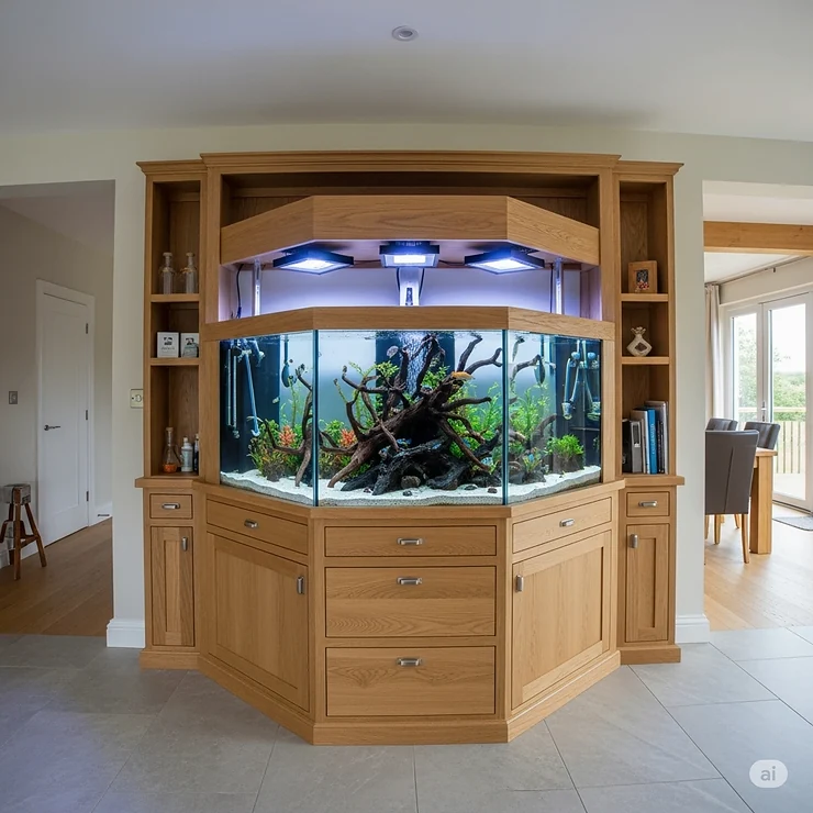A custom-built fish tank furniture piece, showcasing a unique design that perfectly houses a large, established aquarium, tailored to specific room dimensions.