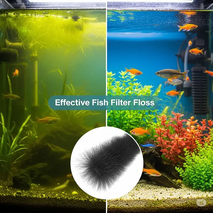 A side-by-side comparison showing a murky fish tank on one side and a crystal-clear fish tank on the other, demonstrating the transformative effect of effective fish tank filter floss on water clarity.