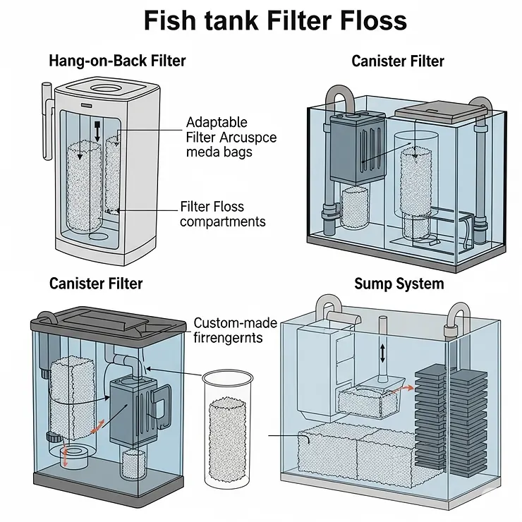 An illustration showing how fish tank filter floss can be used in various types of aquarium filters, such as hang-on-back, canister, and sumps, highlighting its versatility.