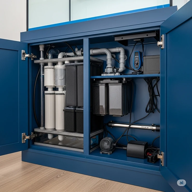 A detailed view of a fish tank cabinet, illustrating how it cleverly conceals an advanced external filtration system and other essential aquarium equipment.
