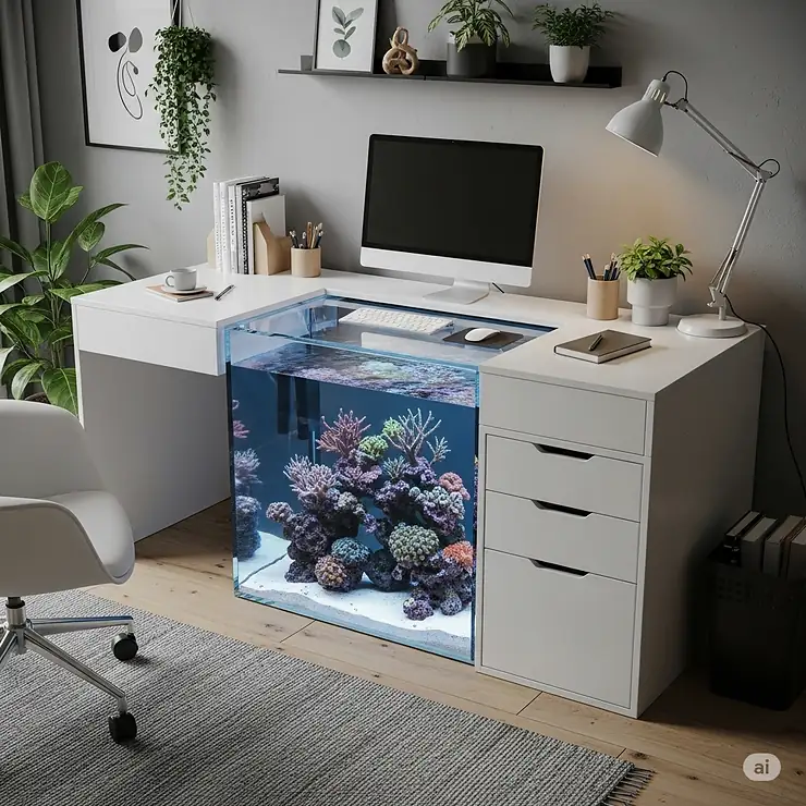 An innovative fish tank and desk combination, integrating a small aquarium directly into a home office workstation, offering a unique focal point.