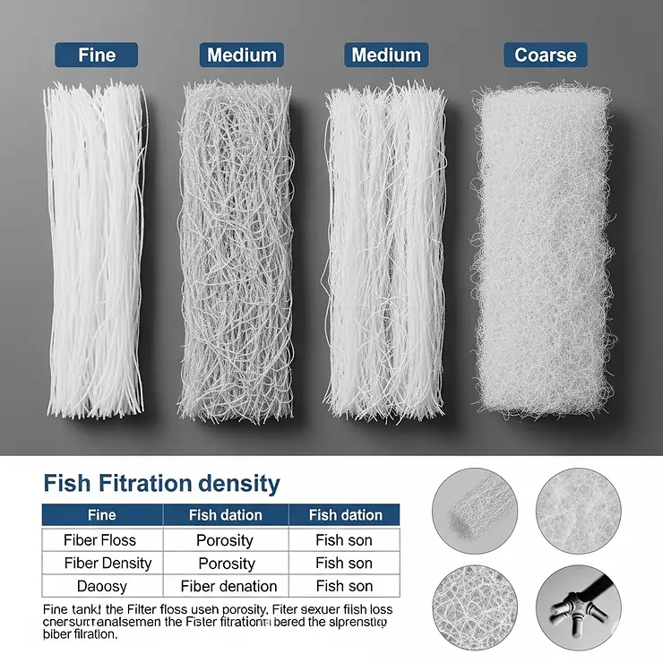 Various types of fish tank filter floss, including fine, medium, and coarse densities, laid out to illustrate their different textures and applications in aquarium filtration.