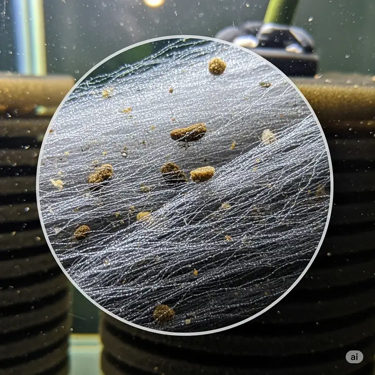 A magnified view of fish tank filter floss fibers capturing and holding various aquarium debris particles, such as uneaten food and fish waste, showcasing its mechanical filtration capability.