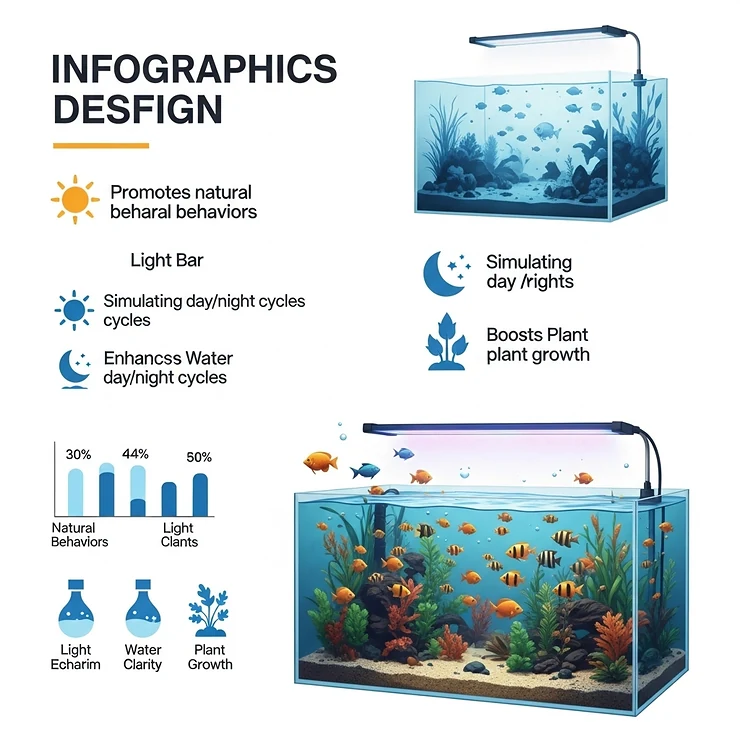 Infographic highlighting the benefits of a light bar for fish tanks, such as promoting natural behaviors and simulating day/night cycles for aquatic life.