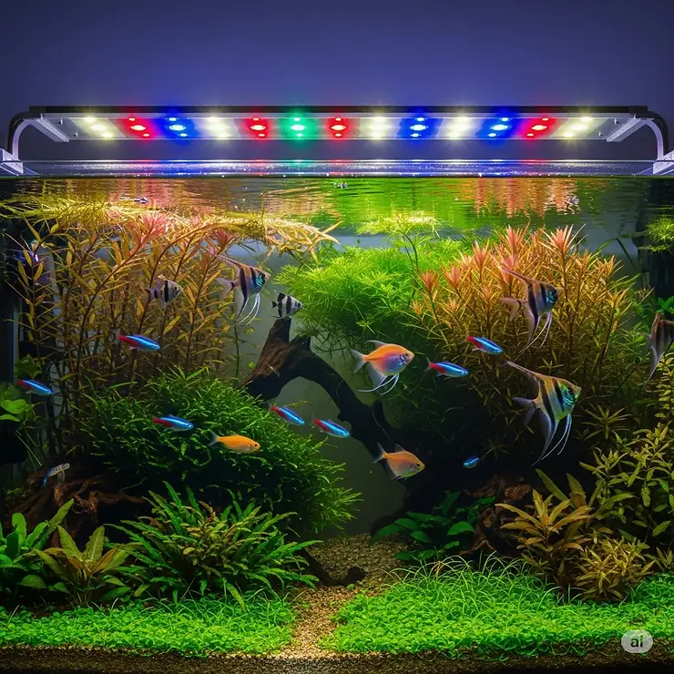 Detailed view of a fish tank light bar displaying various LED colors for optimal plant growth and fish coloration.