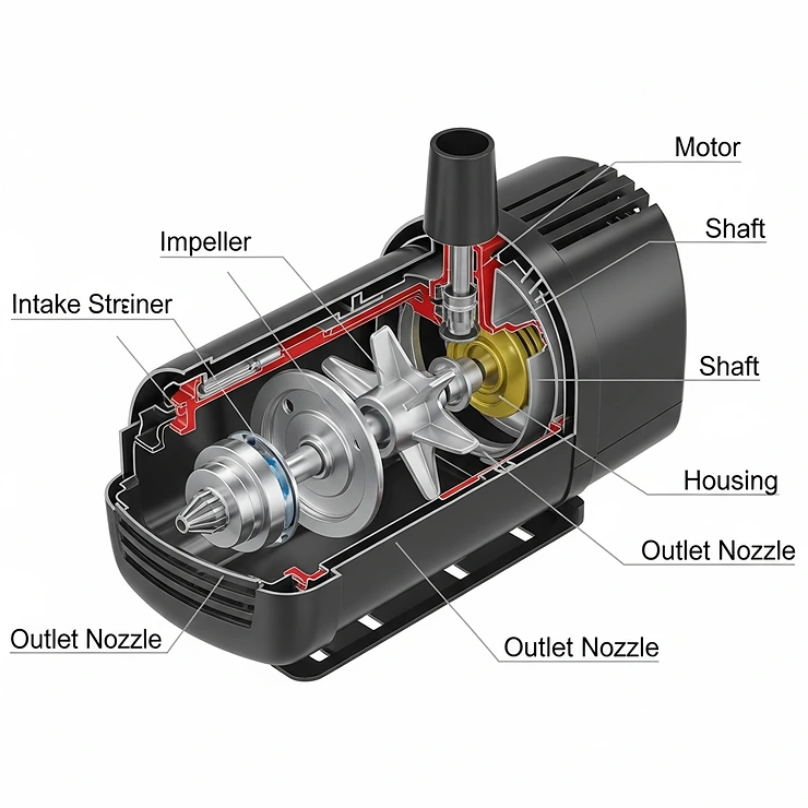 Diagram illustrating the internal parts of a fish tank water pump, including the impeller, motor, and filter sponge.