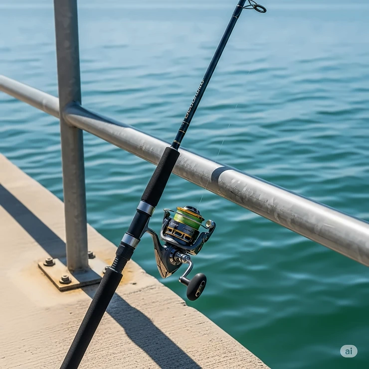 A versatile fishing rod reel combo propped against a boat railing or pier, ready for action on the water, highlighting its adaptability for various fishing environments.