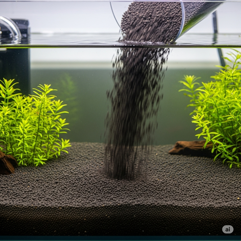 Adding Fluval fish aquarium substrate, ideal for plant roots and creating a natural environment for fish.