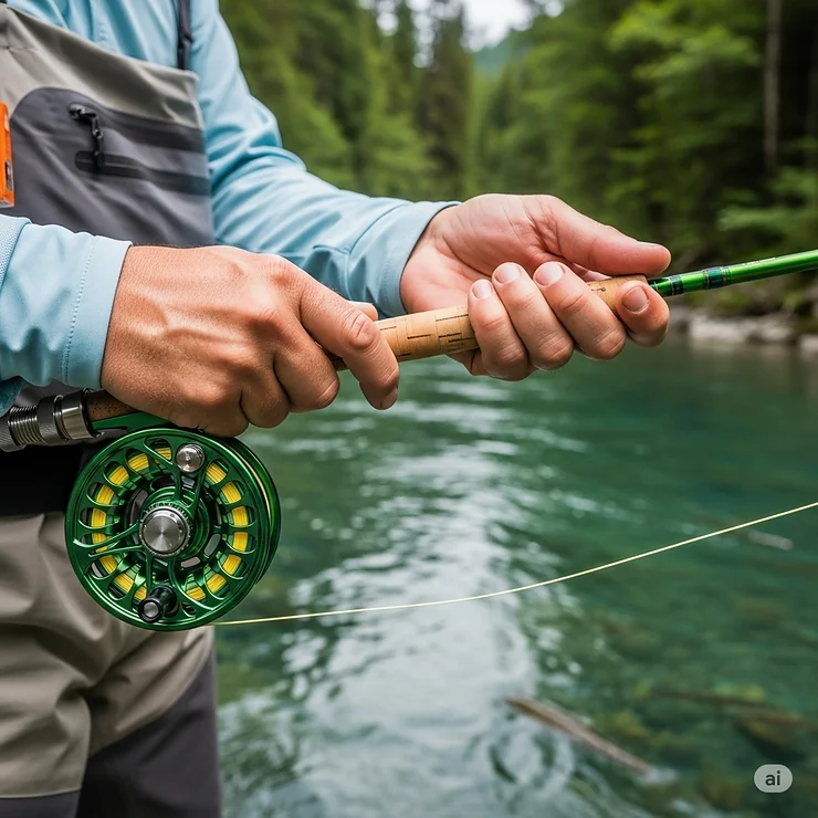 A close-up of a high-performance fly fishing rod and reel setup, perfectly balanced in an angler's hands, with a clear mountain stream in the background.