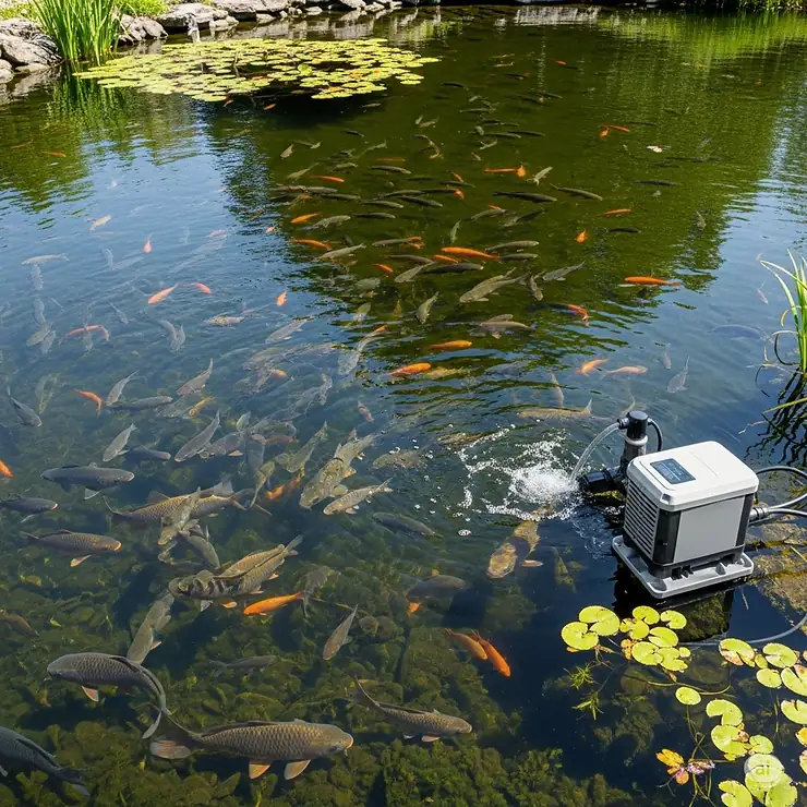 Healthy, colorful fish swimming in a crystal-clear pond, indicative of an efficient pond pump system providing optimal water conditions.