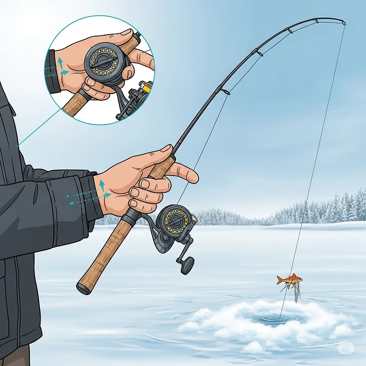 Ergonomic illustration showing the correct way to hold an ice fishing rod and reel for comfort and effective jigging action.