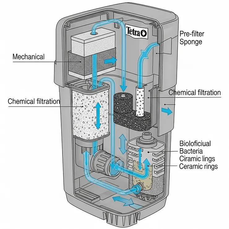 A clear diagram illustrating the internal mechanics of a Tetra fish filter, showing water flow through different filtration media like mechanical, chemical, and biological filtration.