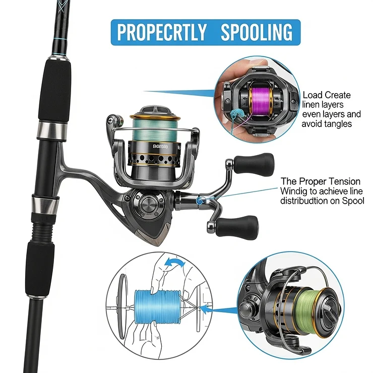 An illustration guiding new anglers through the process of properly spooling fishing line onto a spinning reel, crucial for optimal performance of a beginner rod and reel combo.