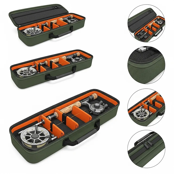 Illustration of a durable carrying case designed to protect an ice fishing rod and reel during transport to and from the ice.