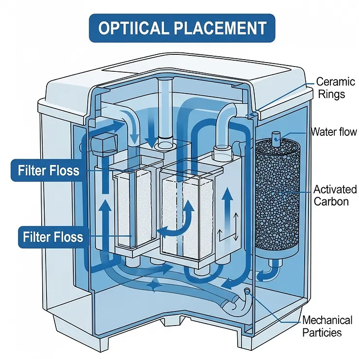 A diagram illustrating the correct placement of fish tank filter floss within a multi-stage aquarium filter, showing its position as a mechanical filtration layer.