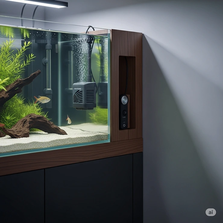 A discreetly placed quiet fish tank air pump blending perfectly into a modern aquarium setup, maintaining aesthetic appeal while providing essential aeration.