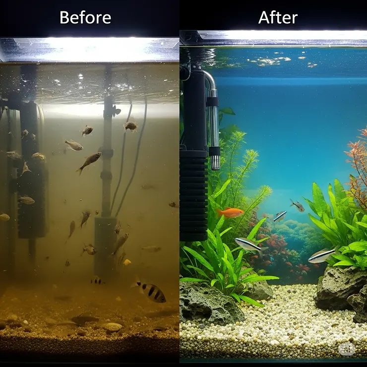 Before and after comparison showcasing the benefits of using an internal fish tank filter, with one side showing murky water and the other a pristine, crystal-clear aquarium.