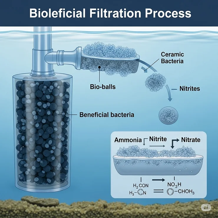 Graphic depicting the biological filtration function of an internal fish tank filter, illustrating beneficial bacteria colonizing filter media to convert harmful ammonia and nitrites into safer nitrates.