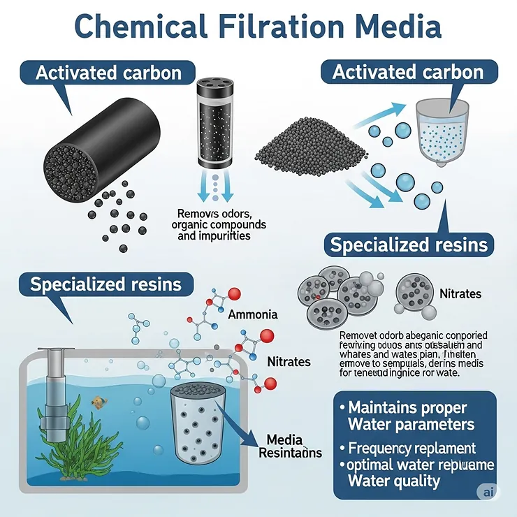 Examples of chemical filtration media commonly used in internal fish tank filters, such as activated carbon and specialized resins, explaining their role in removing odors, discoloration, and toxins.