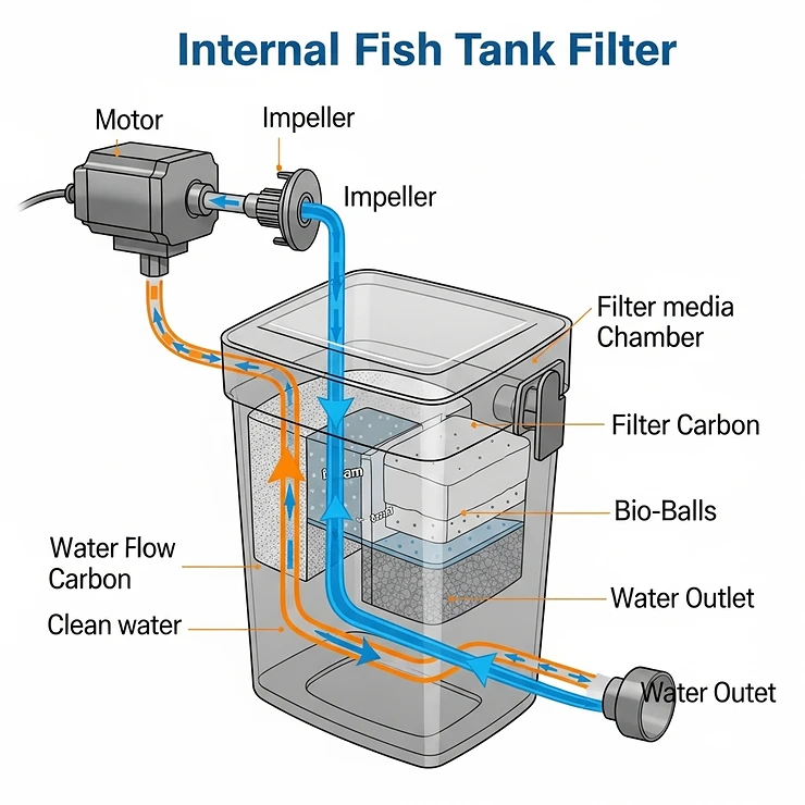 Diagram illustrating the key components of an internal fish tank filter, including the motor, impeller, filter media chamber, and water outlet, highlighting how each part contributes to effective filtration.