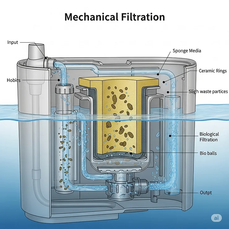 Illustration detailing the mechanical filtration process within an internal fish tank filter, showing how sponge media traps solid waste and debris, keeping the water clear.
