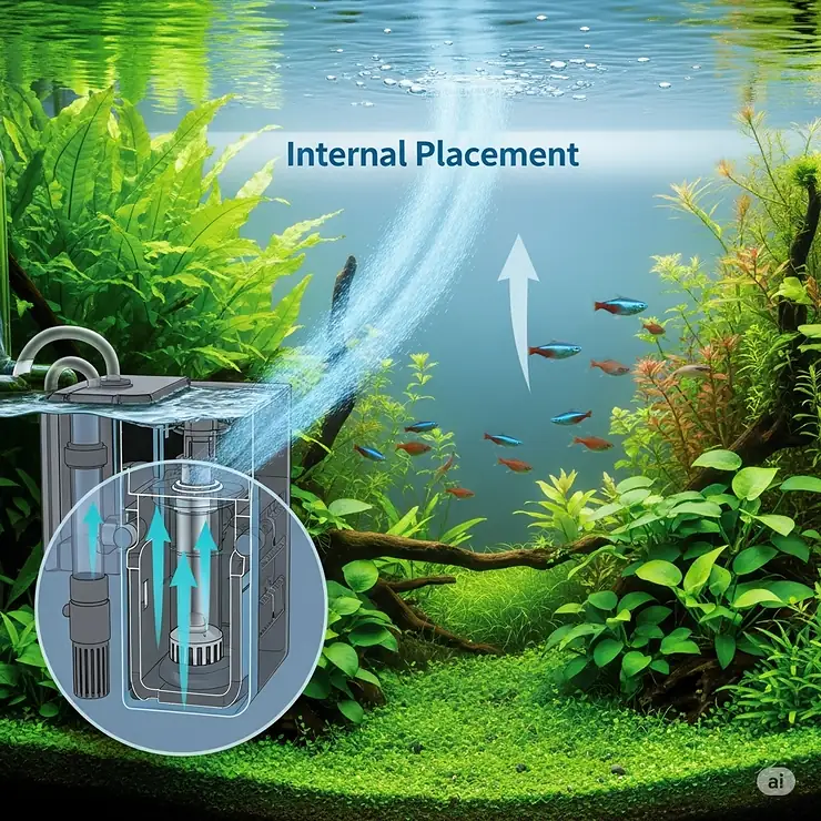 Visual representation showing the optimal placement of an internal fish tank filter within a planted aquarium, demonstrating proper water flow and minimal disruption to the tanks inhabitants.