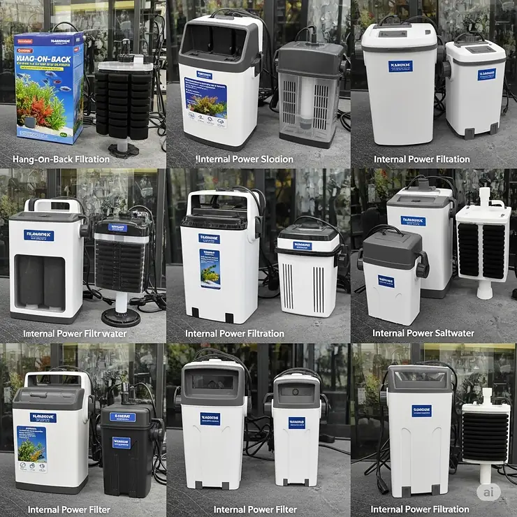 Collage or array of various types and sizes of internal fish tank filters, highlighting options available for different aquarium capacities and specific filtration needs.