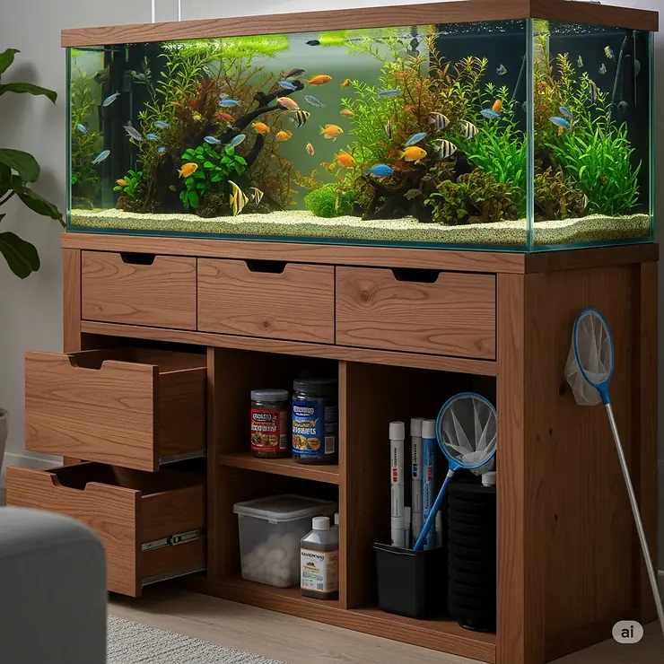 A large fish tank resting securely on a robust cabinet, highlighting ample storage space within the cabinet for aquarium supplies and equipment.